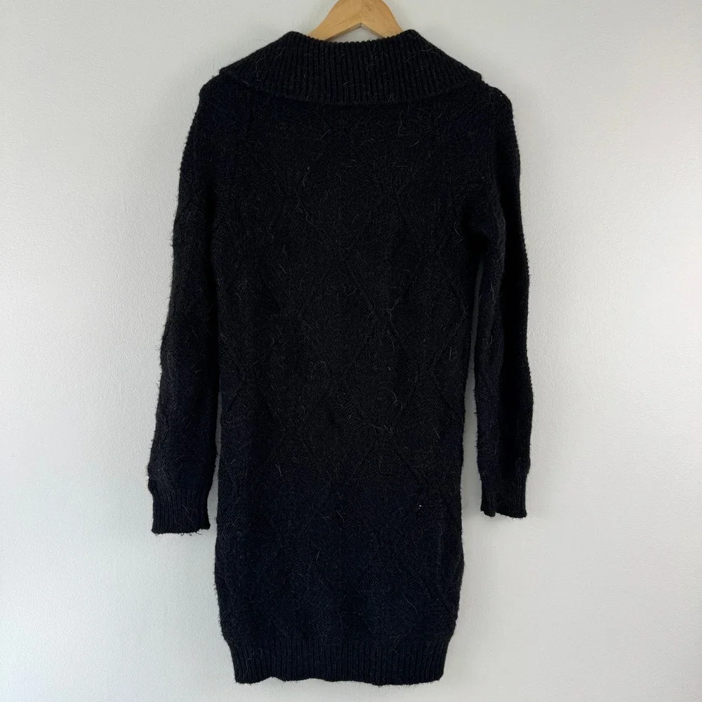 Black Alpaca Blend‎ Diamond Knit Full Zip Long Cardigan Sweater Soft S
